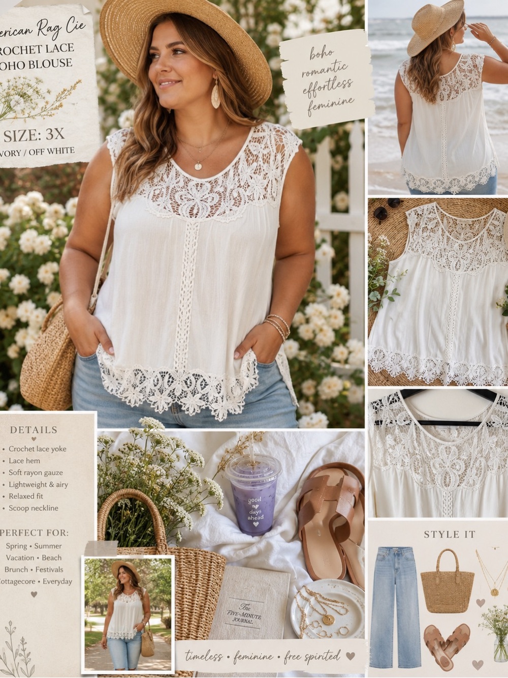 American Rag Cie 3X Ivory Crochet Lace Boho Peasant Blouse Rayon Cottagecore Y2K